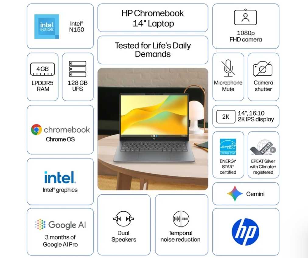 HP Chromebook 14 inch Laptop PC 2K IPS Chrome OS Intel N150 4GB 128GB UFS Meteor Silver with Gemini