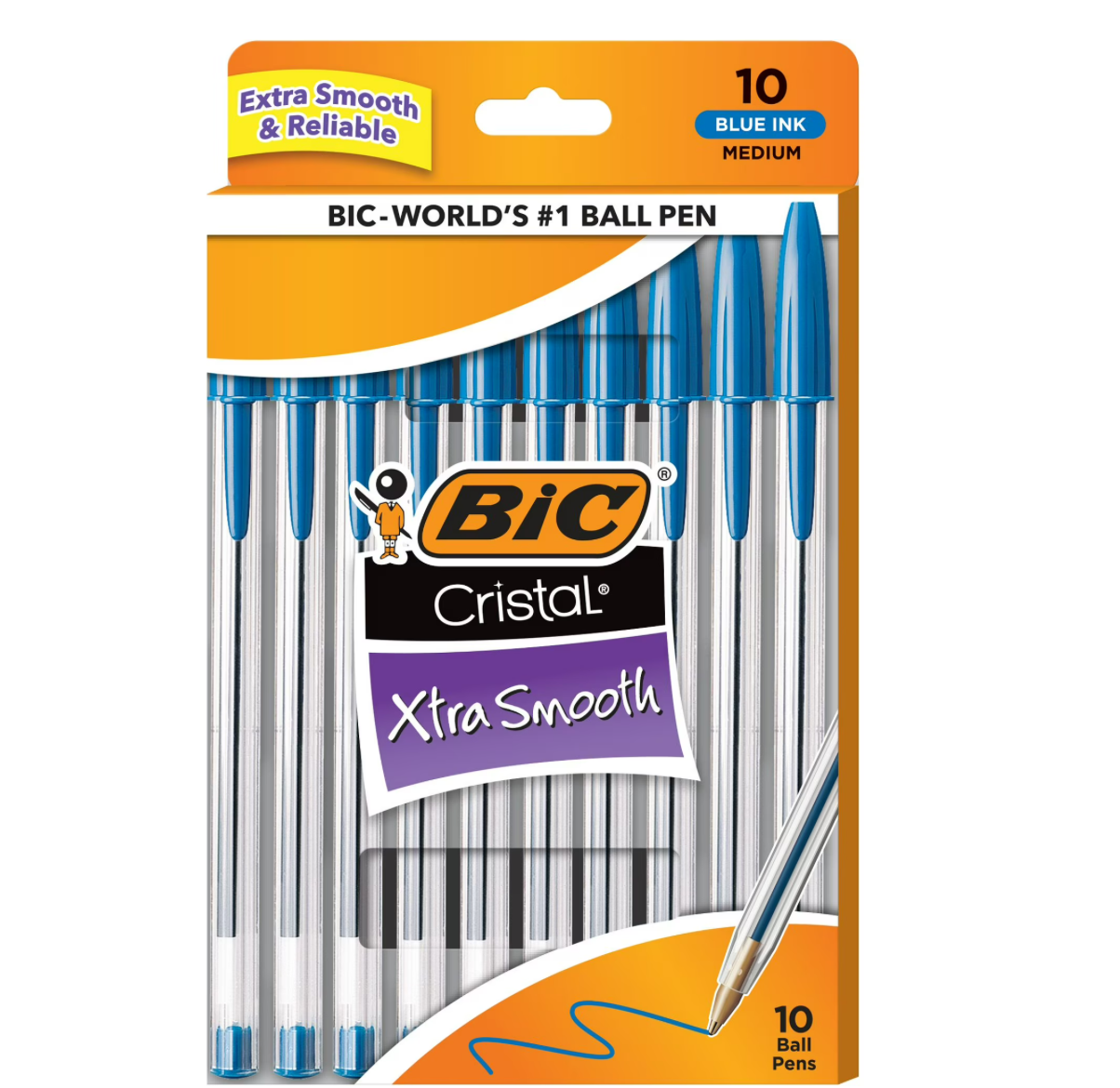 BIC Cristal Xtra Smooth 1.0 mm Medium Point Ball Pen, High School Supplies, Blue, 10-Count